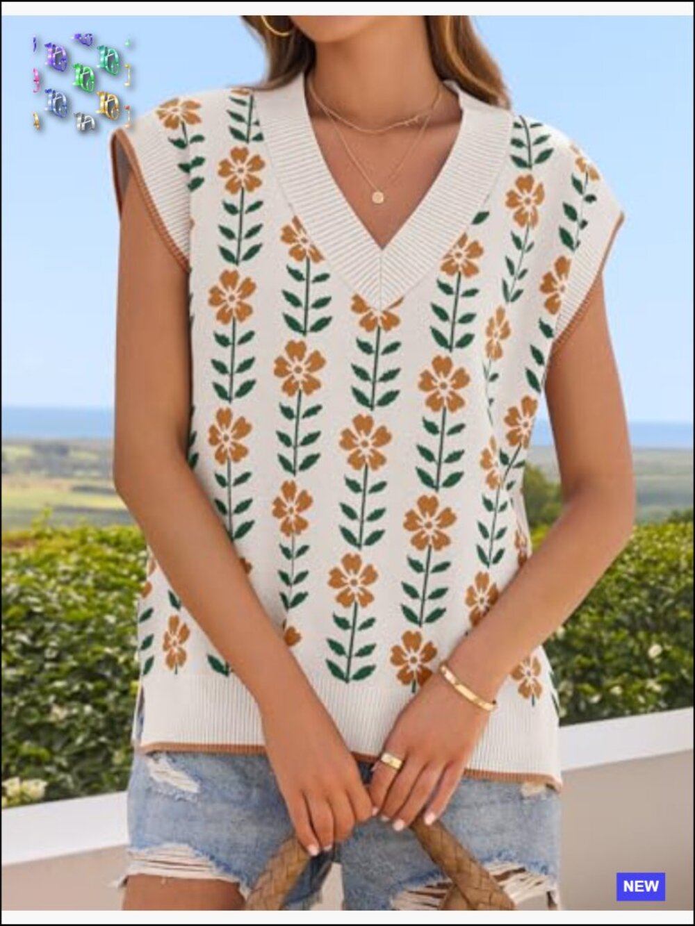 Floral V Neck Sleeveless Sweater Vest Oversized Loose Knit Tank Tops Casual - Picture 7 of 7
